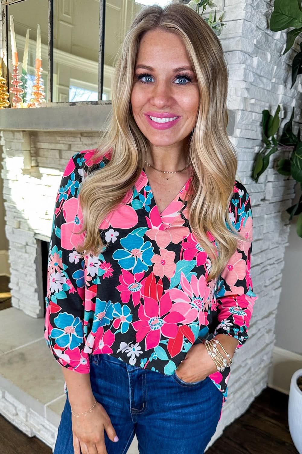 Pink Floral V Neck Roll Tab Sleeve Blouse - Love Salve